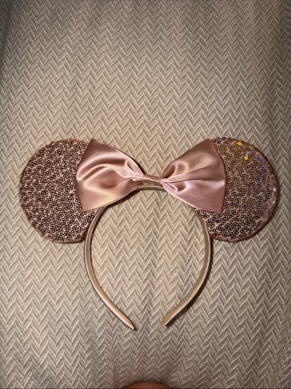 Adult Satin Bow Sequin Minnie Ear Headband - Blush Pink